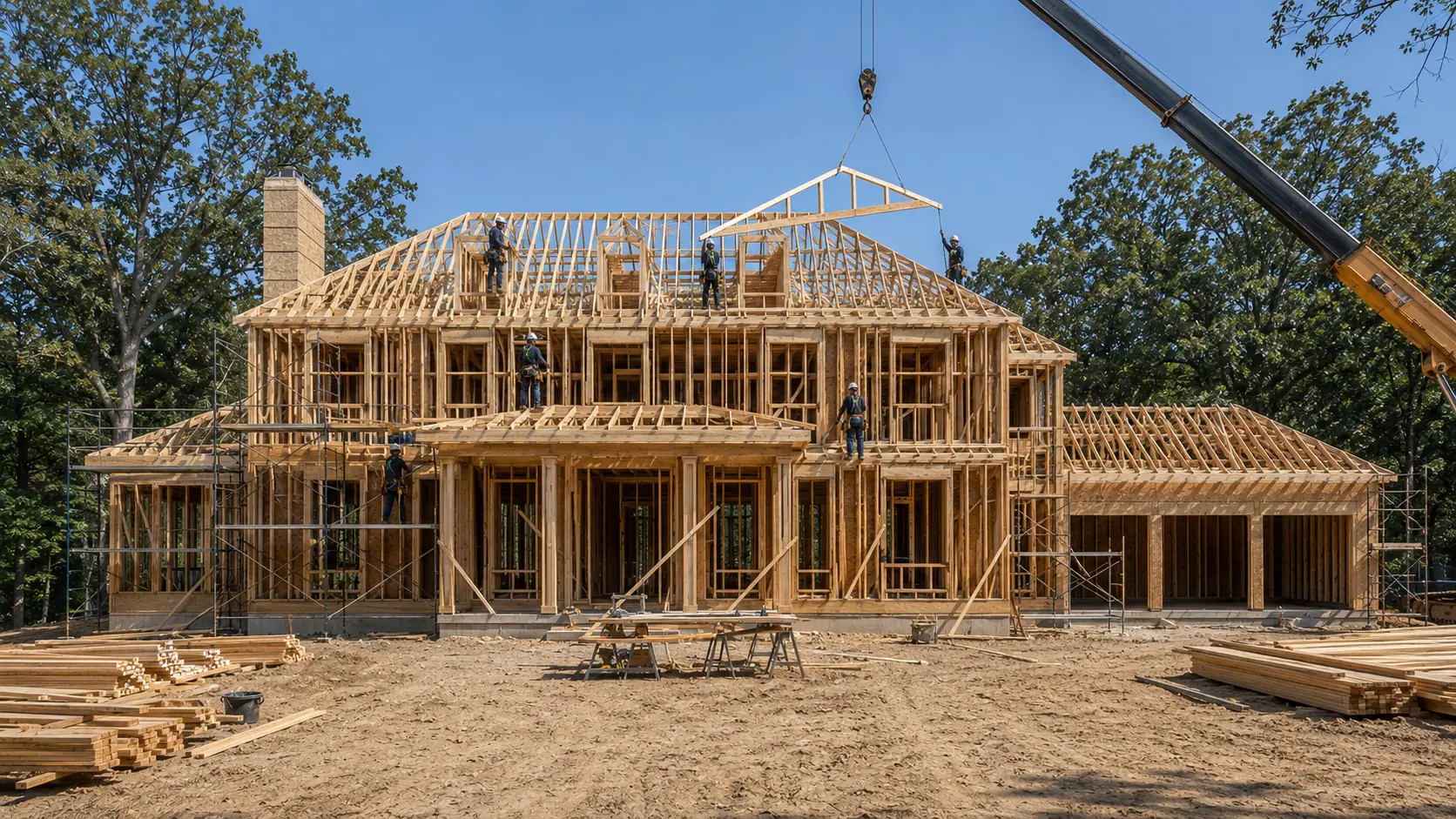 Engineered roof trusses and framing — ridges, hips and valleys — on the Loxley residence.