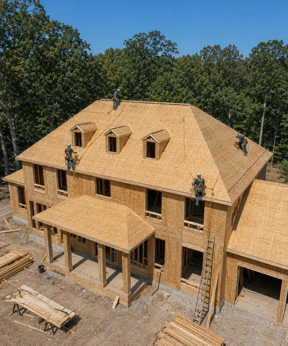 OSB roof-deck sheathing nailed over the trusses in a staggered pattern.