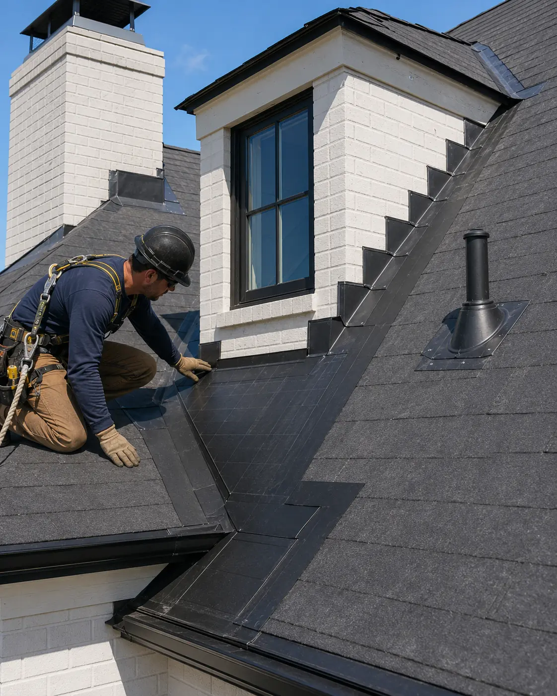 Step, kickout, valley and chimney flashing detail.