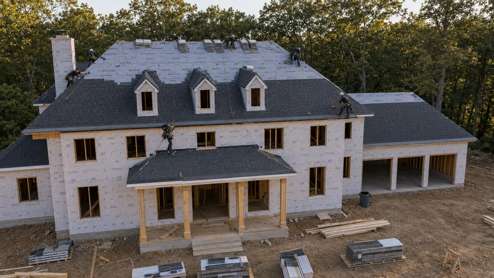 Charcoal architectural shingles climbing from the eaves toward the ridge.
