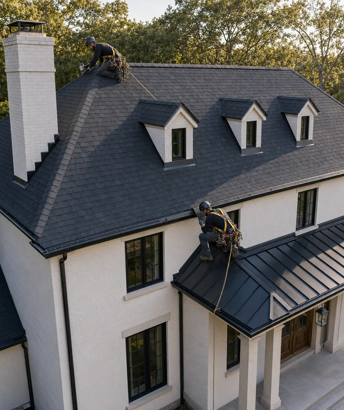 Ridge-cap ventilation and black standing-seam porch roof.
