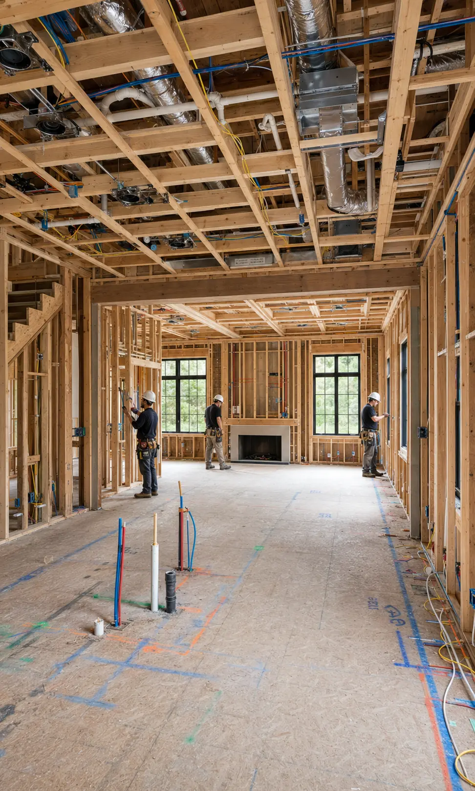 Mechanical rough-in — plumbing, electrical, HVAC