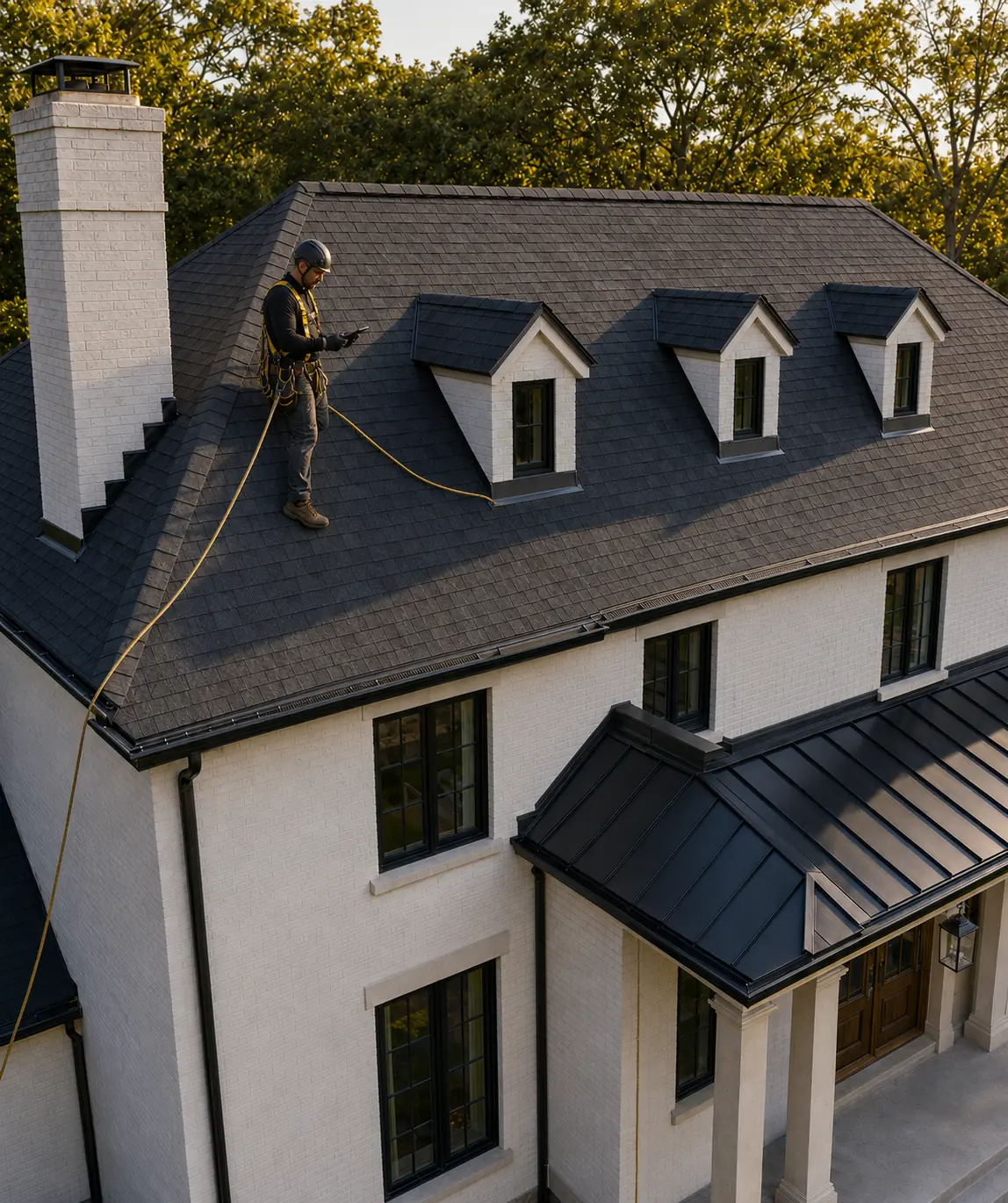 Tied-off senior contractor performing a documented final roof inspection on the completed charcoal shingle roof.