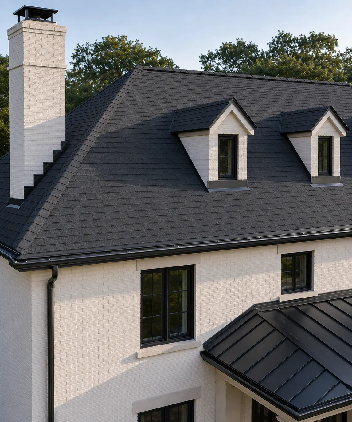 Completed roofline with ridge caps, dormers, chimney and metal transitions.