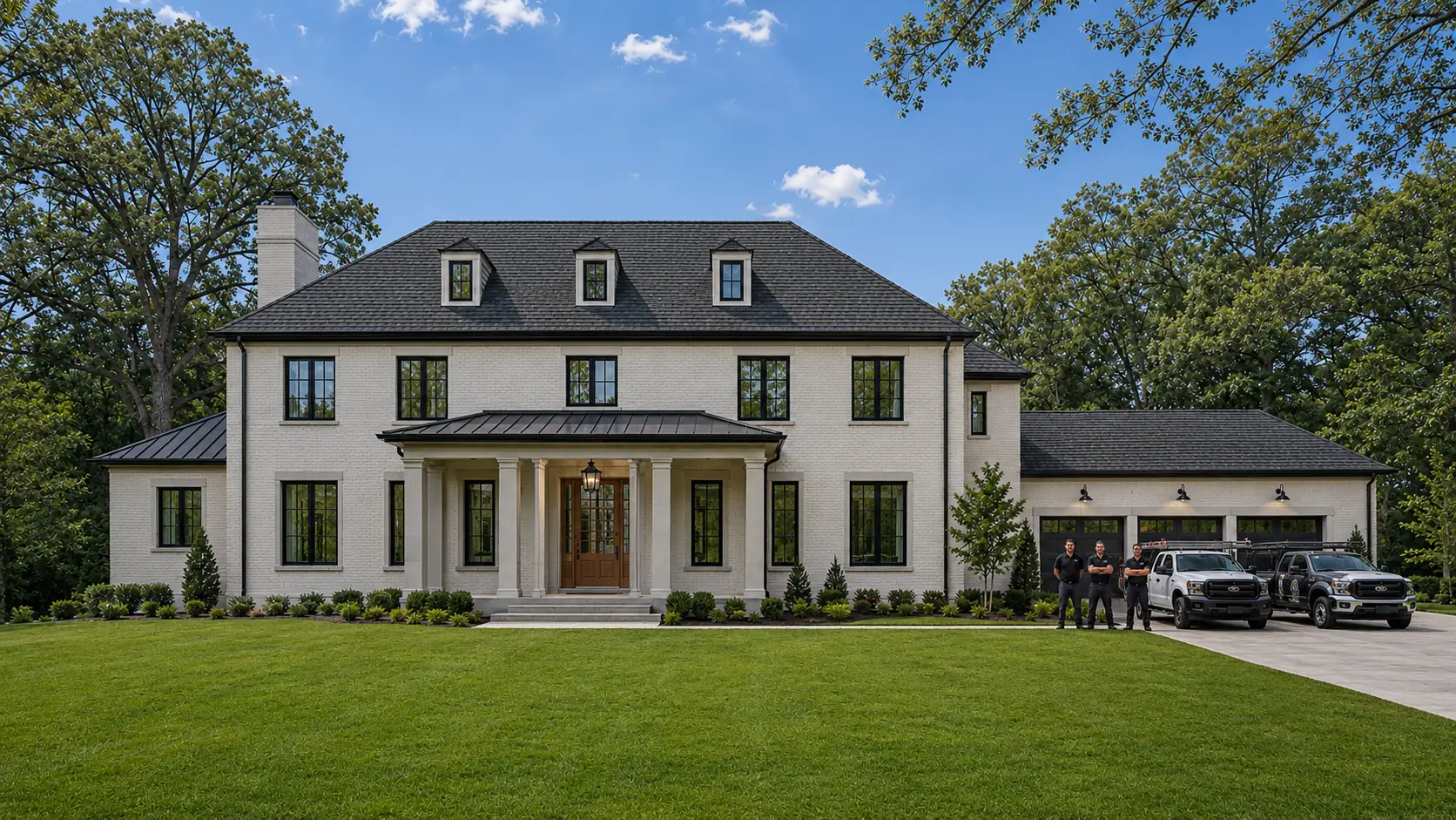 Rendered illustration of a two-story St. Louis home with a charcoal shingle roof in daylight.