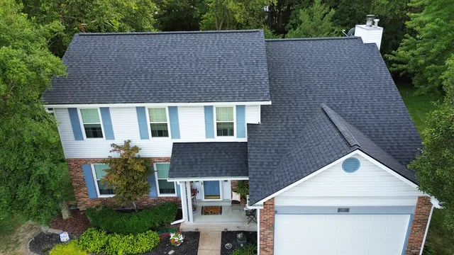 Completed dimensional-shingle roof on a two-story St. Louis home